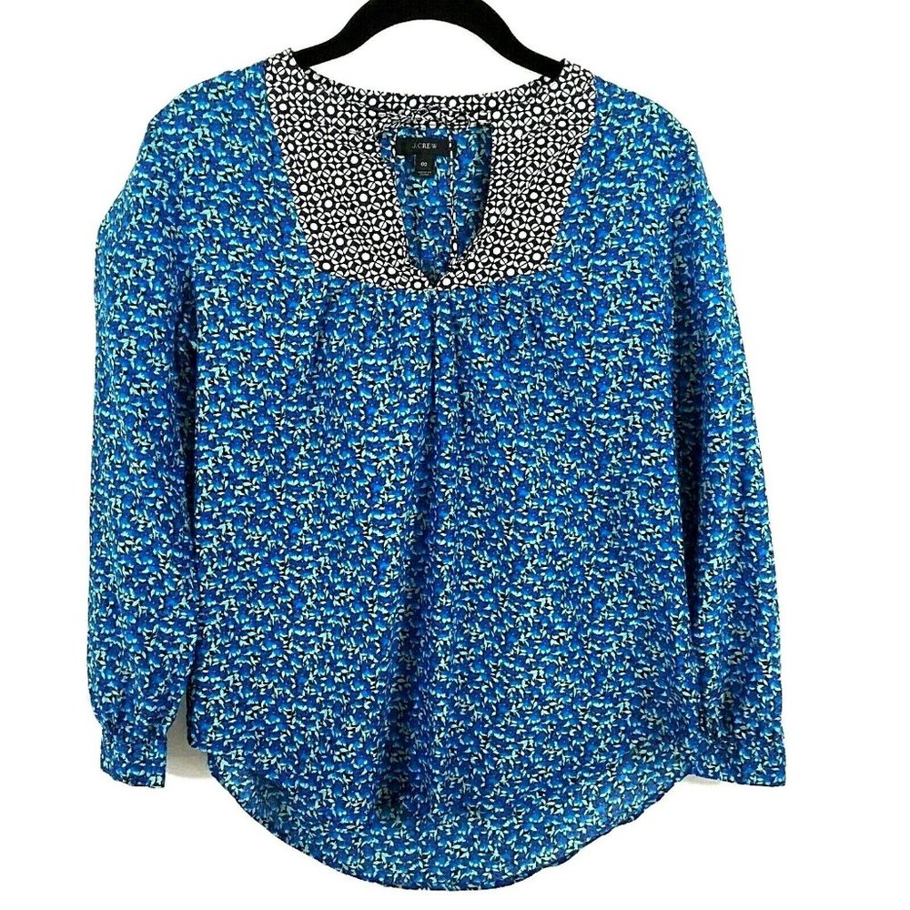 J. Crew Peasant Top Size 00 Blue Patchwork Floral Boho